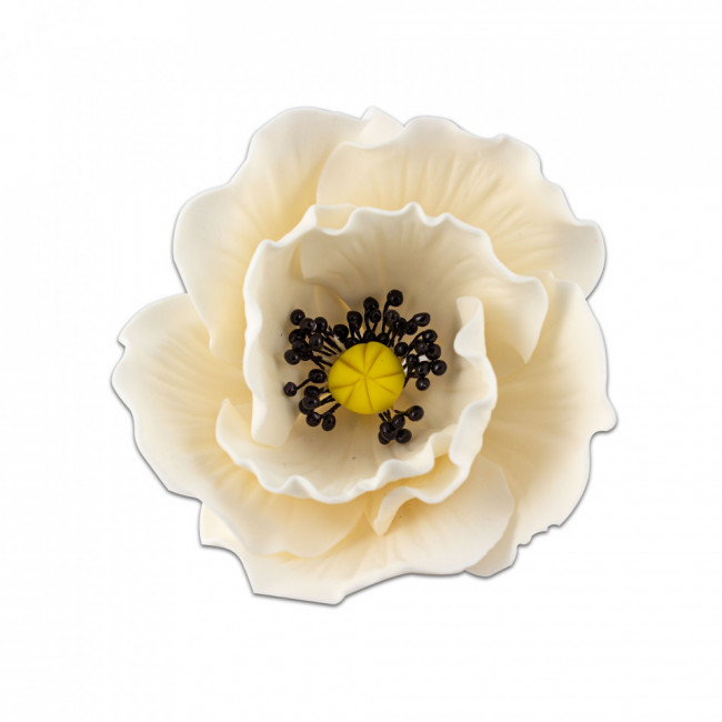 Floare de mac alb mic cu stamine negre din pasta de zahar, L7 cm x l 6 cm x h4 cm, 40g - Lumea