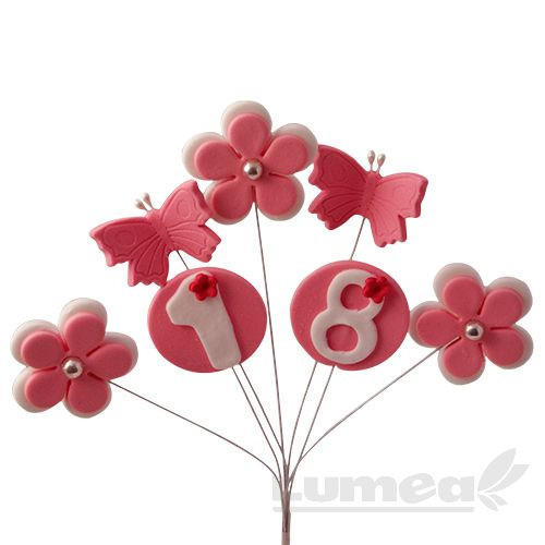 Decor tort "La multi ani" roz din pasta de zahar, L16 cm x l 4 cm, 4 buc, 40g - Lumea