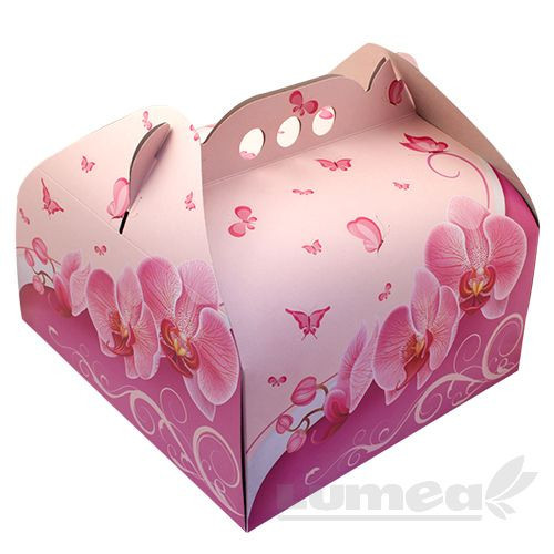 Set cutii patrate cu model orhidee pentru tort pana la 2.5kg, 28cm x 28cm x 16cm, 5 buc. - Lumea