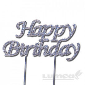 Cake Topper "Happy Birthday" model stras argintiu