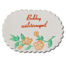 Tablita din zahar Boldog Szuletesnapot cu floricele portocaliu - Lumea