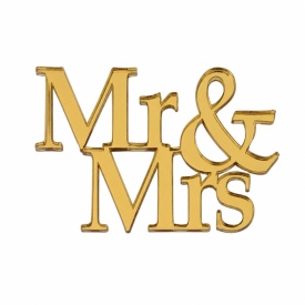 Топер за торта от акрил „Mr & Mrs“, златен модел, 9 см - Lumea