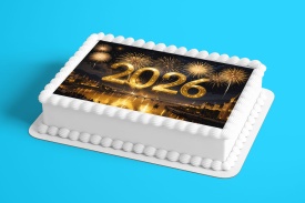 Imagine comestibila tort din Zahar,Happy New Year "2026" model Auriu - Lumea - Img 2