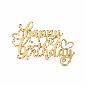 Акрилен топер за торта "Happy Birthday" със сърце, златист модел, 9 см - Lumea - Img 1