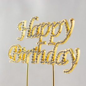 Cake Topper "Happy Birthday" model stras auriu