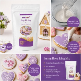Mix Royal Icing 500 g Lumea – preparare cu 70–80 ml apă, decorare biscuiți, turtă dulce și torturi
