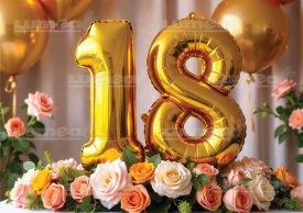 Захарна торта "18", годна за консумация - Златни балони върху цветя - The World