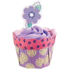 Hartii briose cu model de Flori si Topper de flori mov, 12 buc. - Wilton