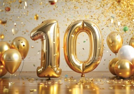 Imagine comestibila tort din Zahar aniversara "10" model cu Baloane Auriu - Lumea