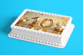 Imagine comestibila tort din Zahar aniversara "10" model cu Baloane Auriu - Lumea - Img 2