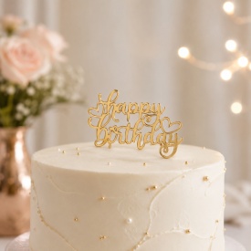 Акрилен топер за торта "Happy Birthday" със сърце, златист модел, 9 см - Lumea - Img 2