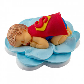 Bebe Superman dormind pe o floare albastra din pasta de zahar - Lumea