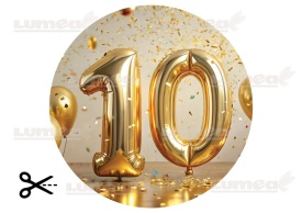 Imagine comestibila tort din Zahar aniversara "10" model cu Baloane Auriu - Lumea - Img 3