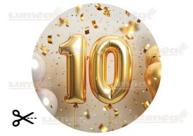 Imagine comestibila tort din Zahar aniversara "10" model cu Confetti Auriu - Lumea
