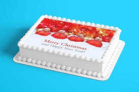 Vafa tort "Merry Christmas & Happy New Year" cu Globuri Rosii - Lumea - Img 2