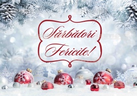 Imagine comestibila tort din Zahar "Sarbatori Fericite" cu Globuri si Zapada - Lumea