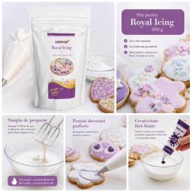 Mix pentru Royal Icing 500 g Lumea – preparare, decorare biscuiți și colorare cu gel alimentar violet