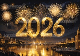 Imagine comestibila tort din Zahar,Happy New Year "2026" model Auriu - Lumea