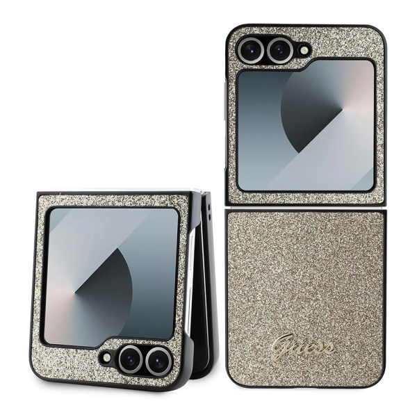 Husa Guess Glitter Script Samsung Galaxy Z Flip6 cu sclipici GUHCZF6HGGSHD- Auriu