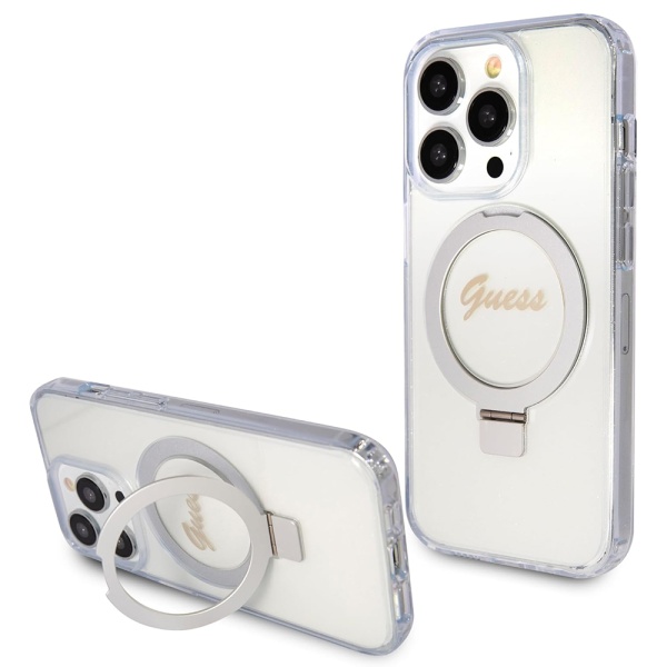 Husa Guess iPhone 15 Pro Max Ring Stand Script Glitter MagSafe GUHMP15XHRSGSD- Transparent