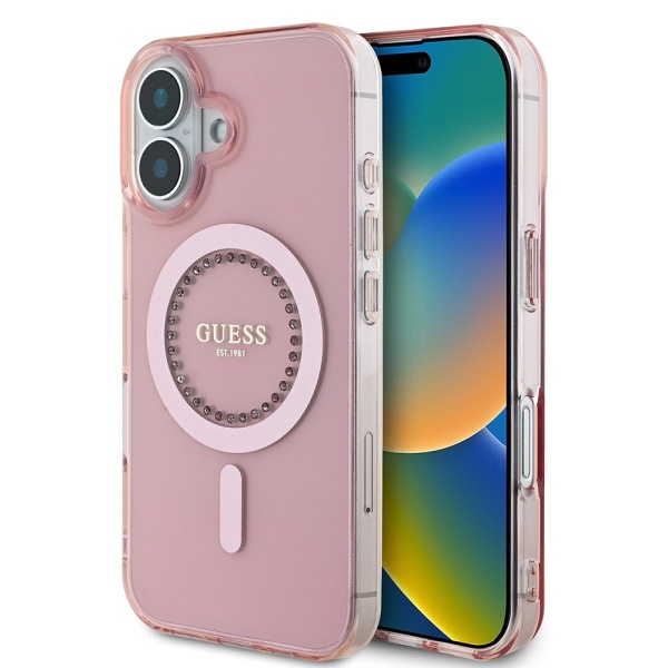 Husa iPhone 16 Plus Guess IML Rhinestones MagSafe - Roz