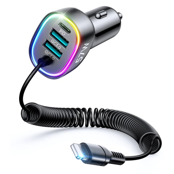 Incarcator auto JoyRoom (JR-CL20) - 2x USB, tip C, lumini RGB, încărcare rapidă, 57 W, cu cablu Lightning - negru,