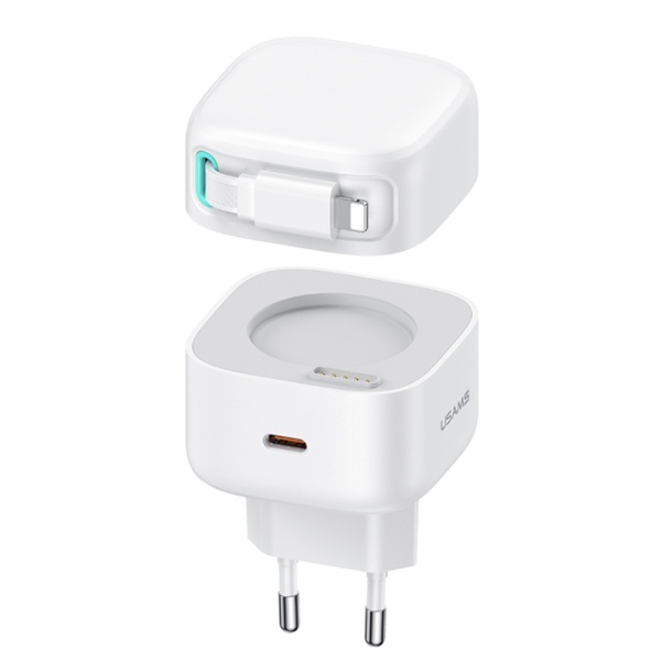 Incarcator de perete Usama Seria XMF (US-CC209) - incarcare rapida GaN, USB-C PD35W cu cablu retractabil Lightning, 80cm - Alb