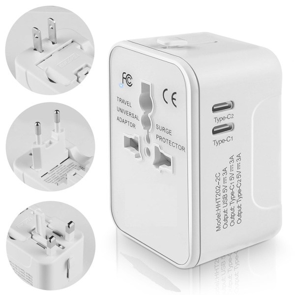 Adaptor priza EU la US, UK, AUS, 2 x USB-C, Techsuit, HHT202-2C - Alb