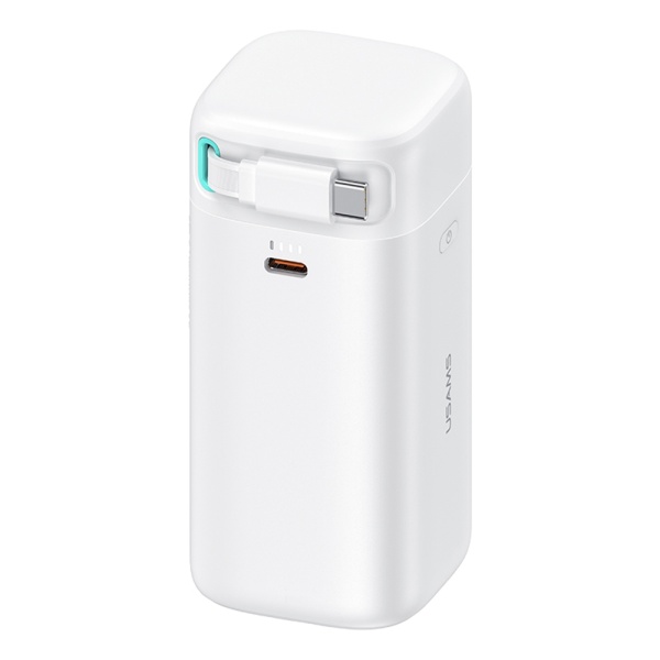 Baterie Externa Usams - seria XMF (US-CD216) - GaN USB-C PD45W de incarcare rapida cu cablu retractabil de tip C, 80 cm - alb