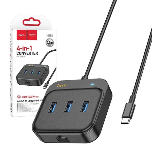 Adaptor Ethernet RJ45 USB-C Hoco HB35, 0.2m- Negru