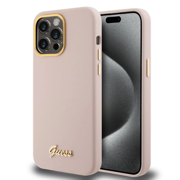 Husa Guess iPhone 15 Pro Silicone Script Metal Logo & Frame, GUHCP15LSMBSLP- Roz Pudra