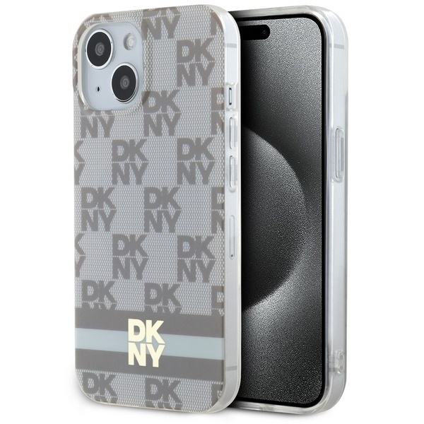 Husa iPhone 15 Plus - DKNY IML Checkered Mono Pattern & Printed Stripes MagSafe (DKHMP15MHCPTSE) - Beige