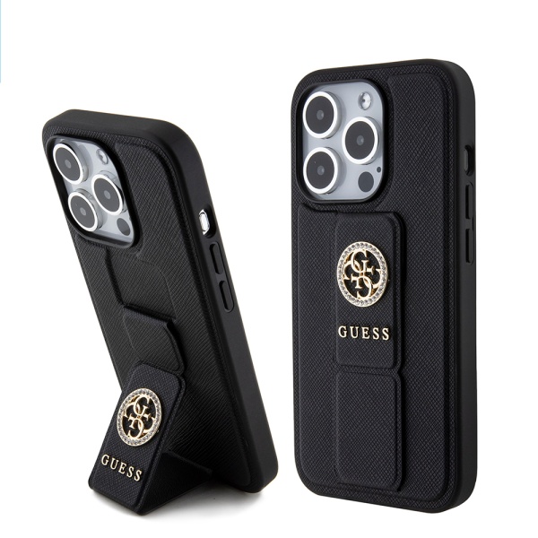 Husa iPhone 15 Pro Max originala Guess Grip Stand 4G Saffiano Strass GUHCP15XPGSSADK - Negru
