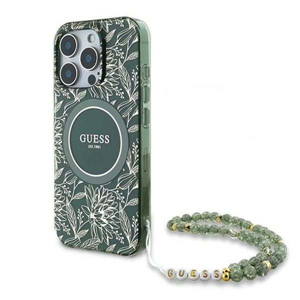 Husa iPhone 16 Pro originala Guess IML Flowers Allover Electro With Pearl Strap MagSafe, GUHMP16LHCPOFPA- Verde