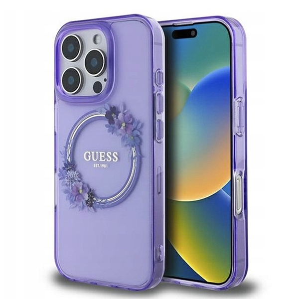 Husa iPhone 16 Pro originala Guess IML Flowers Wreath MagSafe - Violet