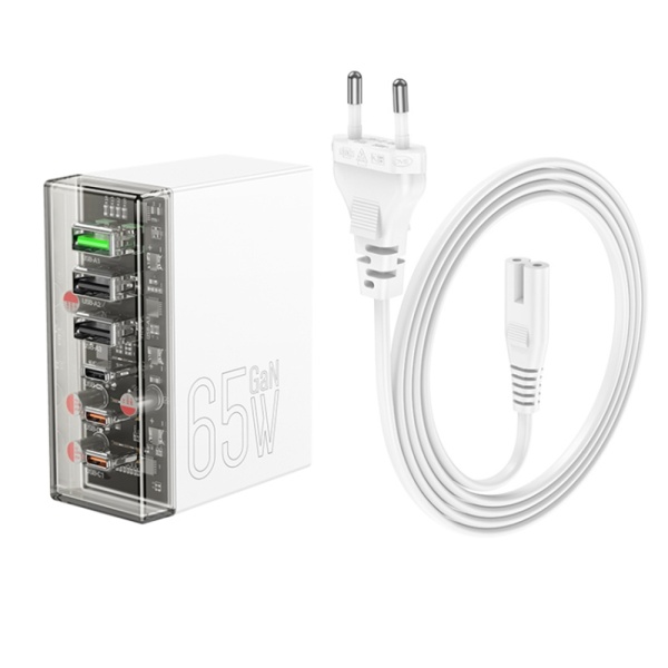 Incarcator de perete Hoco, Fuerza (N36) - 3x USB, 3x Type-C, 65W cu cablu DC - Alb