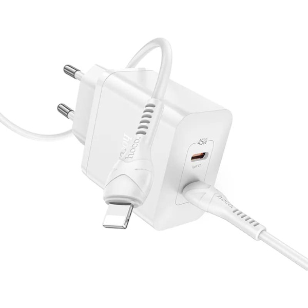 Incarcator priza 2x USB-C PD45W + cablu Lightning Hoco N35, Alb