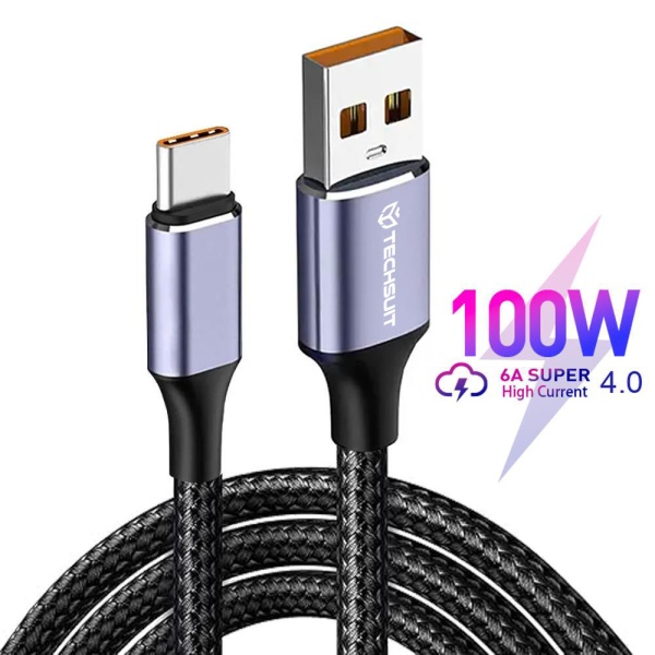 Cablu de date (UCB320-Z) - USB la tip C, încărcare super rapidă, 100 W, 480 Mbps, 6 A, nailon, aliaj de aluminiu, 1 m - Negru