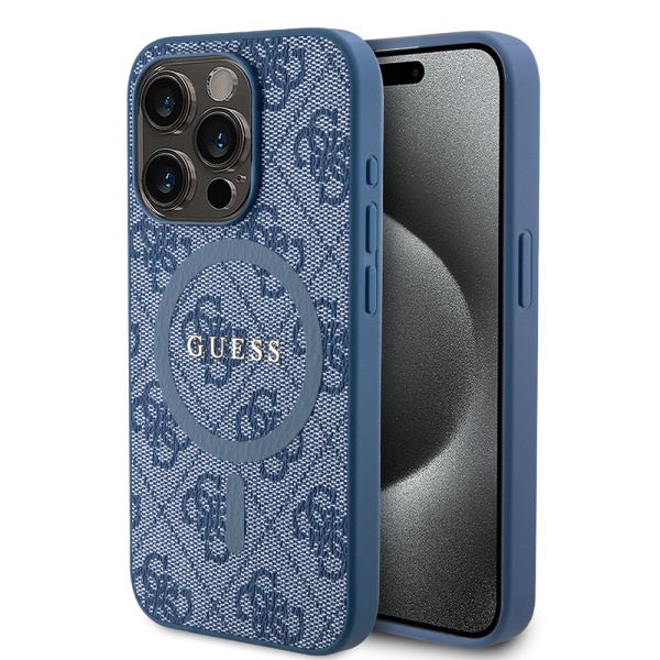 Husa Guess iPhone 15 Pro 4G Collection Leather MagSafe, GUHMP15MG4GFRB -Albastru