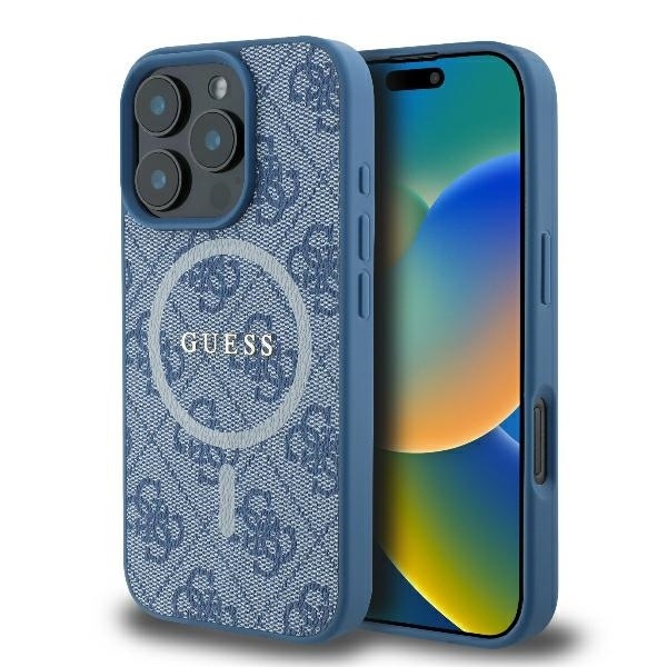 Husa Guess iPhone 16 Pro Max 4G Collection Leather MagSafe, GUHMP16XG4GFRB - Albastru