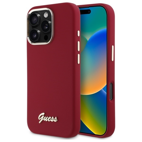 Husa Guess iPhone 16 Pro Silicone Script Metal Logo, GUHCP16LSMBSLM- Rosu