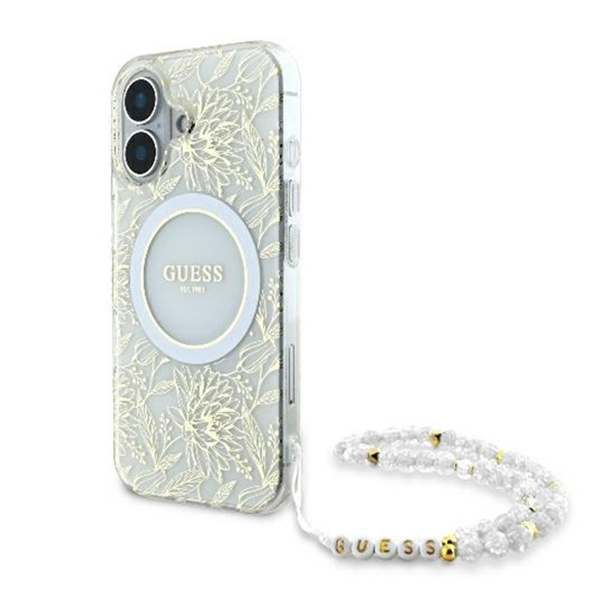 Husa iPhone 16 Plus Guess IML Flowers Allover Electro With Pearl Strap MagSafe - Alb
