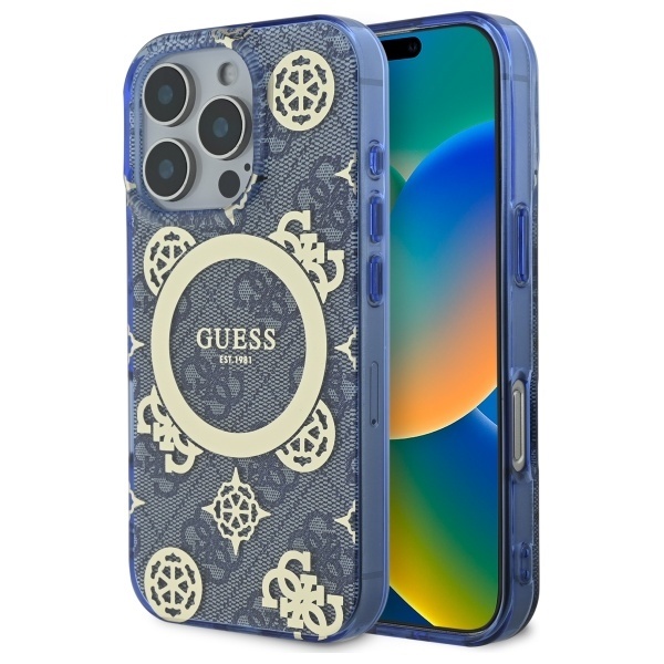 Husa iPhone 16 Pro originala Guess IML Peony On 4G Background MagSafe - Albastru