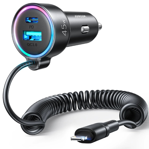 Incarcator auto JoyRoom (JR-CL08) - USB, tip C, lumini RGB, încărcare rapidă 45 W, cu cablu Lightning, 1,5 m - negru