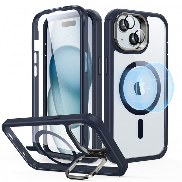 [Pachet 360°] Husa + folie iPhone 15 Plus ESR Armor Tough Kickstand HaloLock, albastru/transparenta (Copy 1)