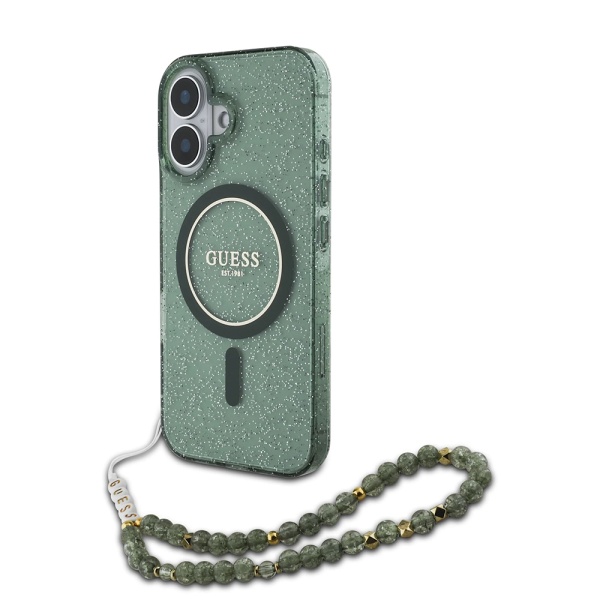 Husa iPhone 16 Plus Guess IML Glitter with Pearl Strap MagSafe - Verde