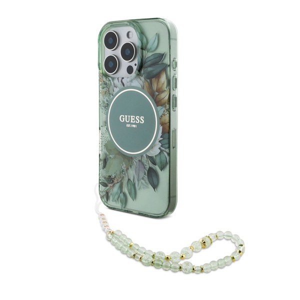 Husa iPhone 16 Pro originala Guess IML Flowers with Pearl Strap MagSafe - Verde