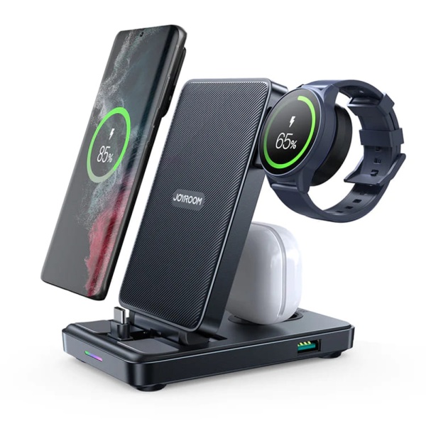 Stație de încărcare fără fir 4 în 1 (JR-WQS01) - Pliabilă, pentru telefon, căști, ceas, Type-C - negru
