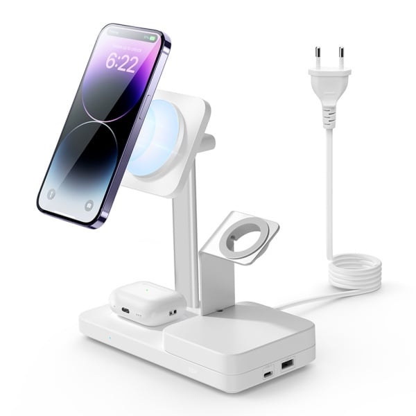 Statie de incarcare fara fir premium 5 în 1 HaloLock (6E004) - cu GaN, iPhone MagSafe, AirPods, Apple Watch, 65 W - alb