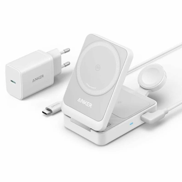 Statie de incarcare MagGo 3in1 (B2557311) - Qi2, pentru Apple, 15W, cu incarcator USB-C si cablu tip C Anker- alb